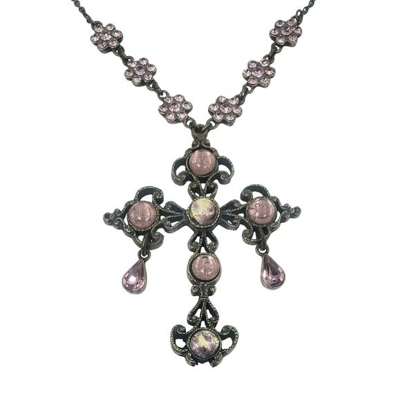 Vintage Nicky Butler Pink Moonstone Bronzetone Cross Statement Necklace in Box - Picture 1 of 12